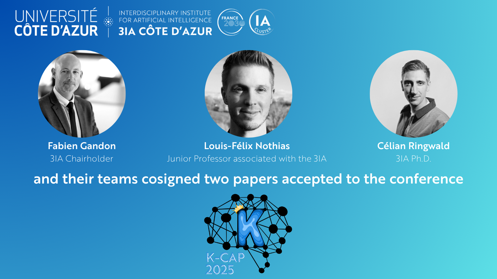 Two papers accepted at K-CAP 2025 cosigned by Fabien Gandon, Louis-Félix Nothias, Célian Ringwald and their teams